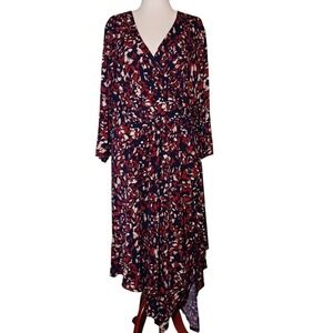 London Times Navy Blue Brown Print Faux‎ Wrap Asymmetrical Midi Dress Size 24W